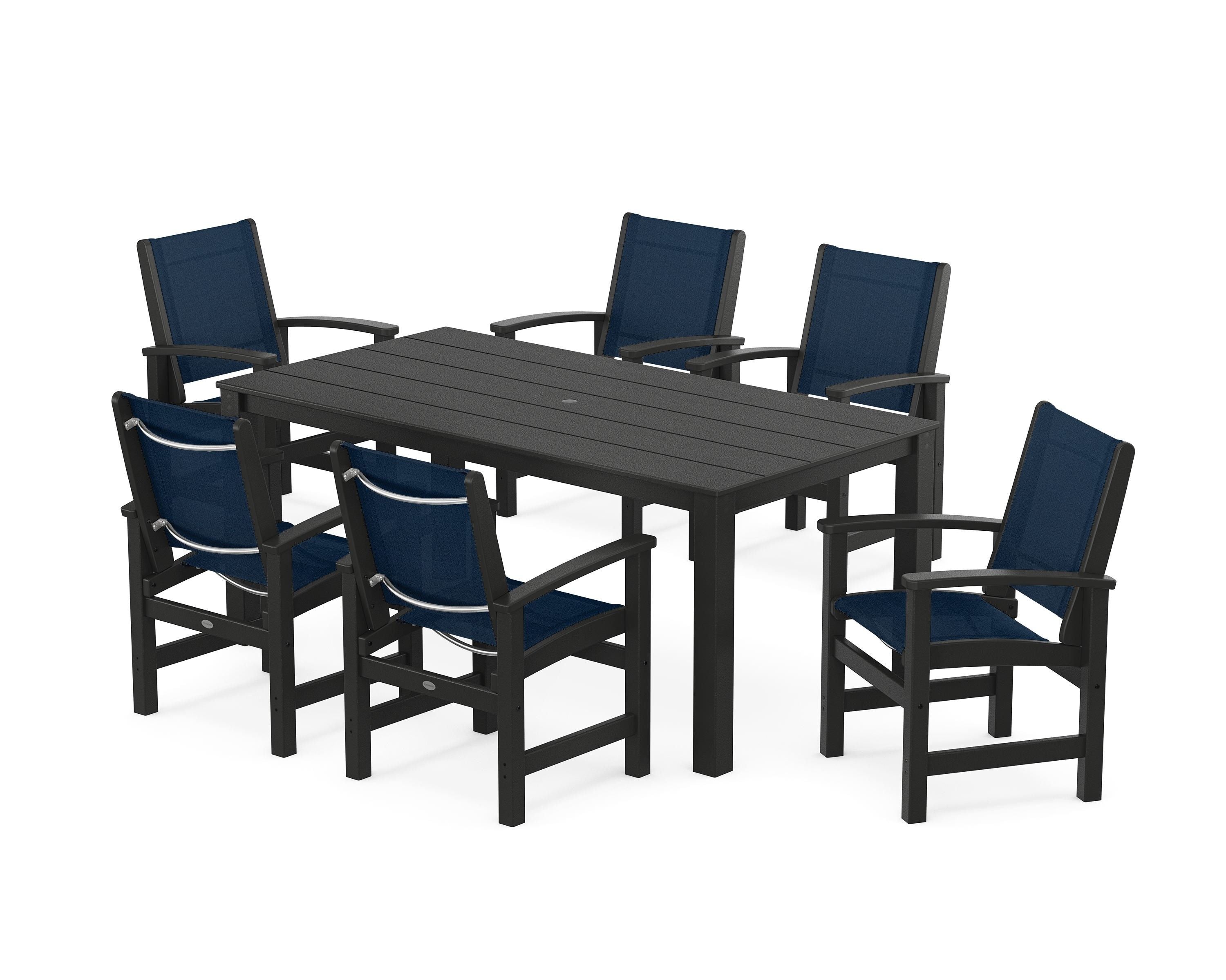 POLYWOOD® Coastal 7-Piece Parsons Dining Set in Black / Navy Blue Sling