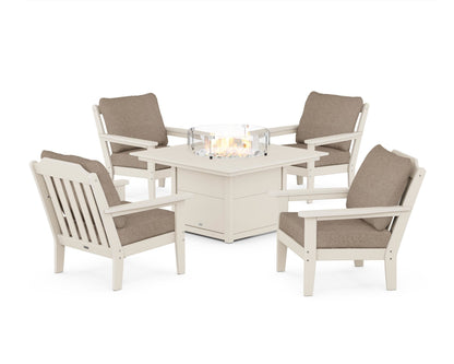 Country Living Cottage 5-Piece Deep Seating Set with Fire Pit Table in Sand / Spiced Burlap