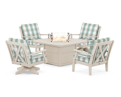 POLYWOOD® Braxton 5-Piece Deep Seating Set with Fire Table in Sand / Buffalo Plaid Glacier Spa