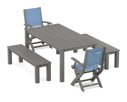 POLYWOOD® Coastal Folding Chair 5-Piece Parsons Dining Set with Benches in Slate Grey / Poolside Sling