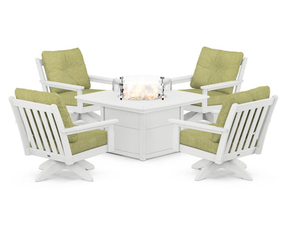 POLYWOOD® Vineyard 5-Piece Deep Seating Swivel Conversation Set with Fire Pit Table in White / Chartreuse Boucle