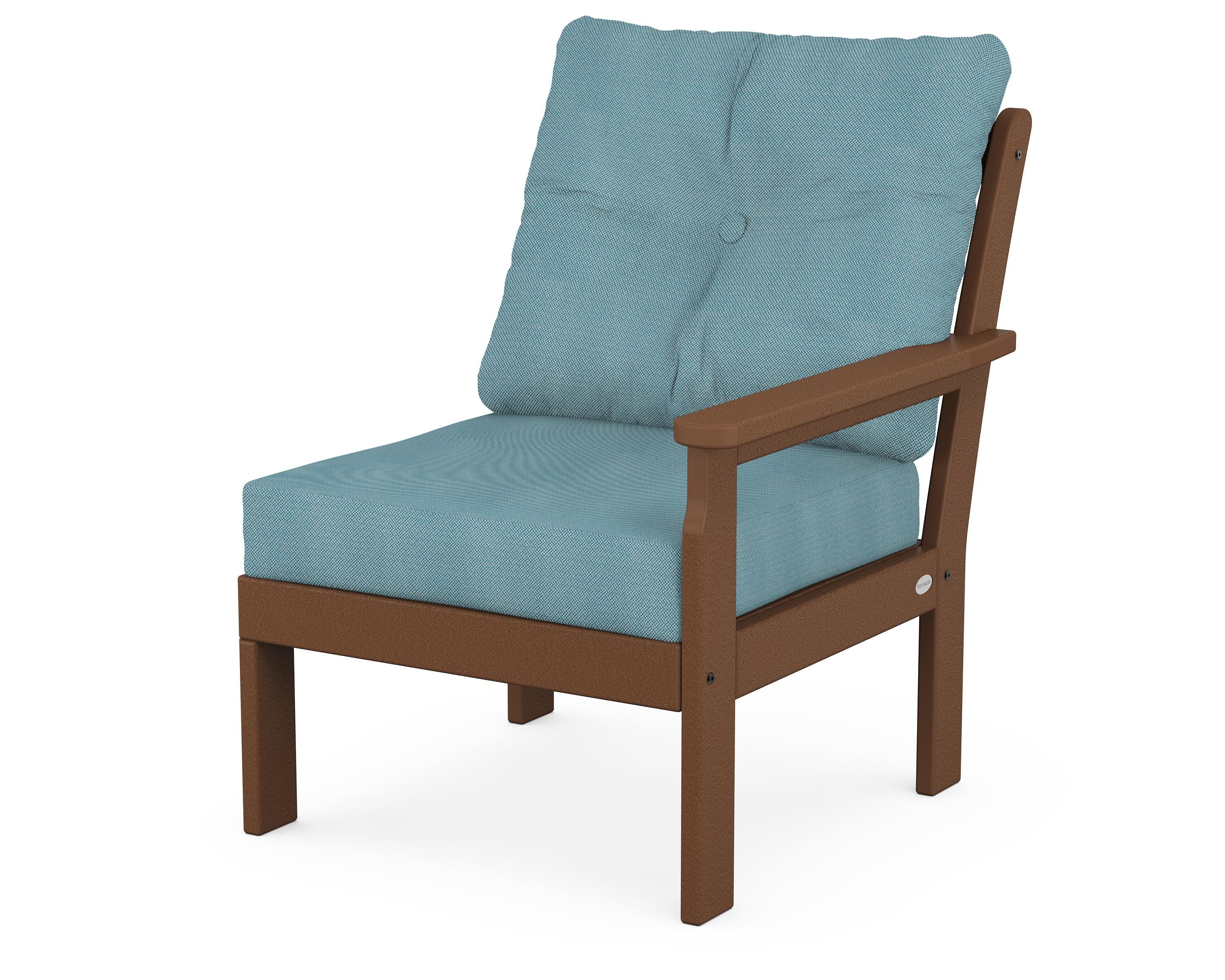 POLYWOOD® Vineyard Modular Right Arm Chair in Teak / Lattice Sky Blue