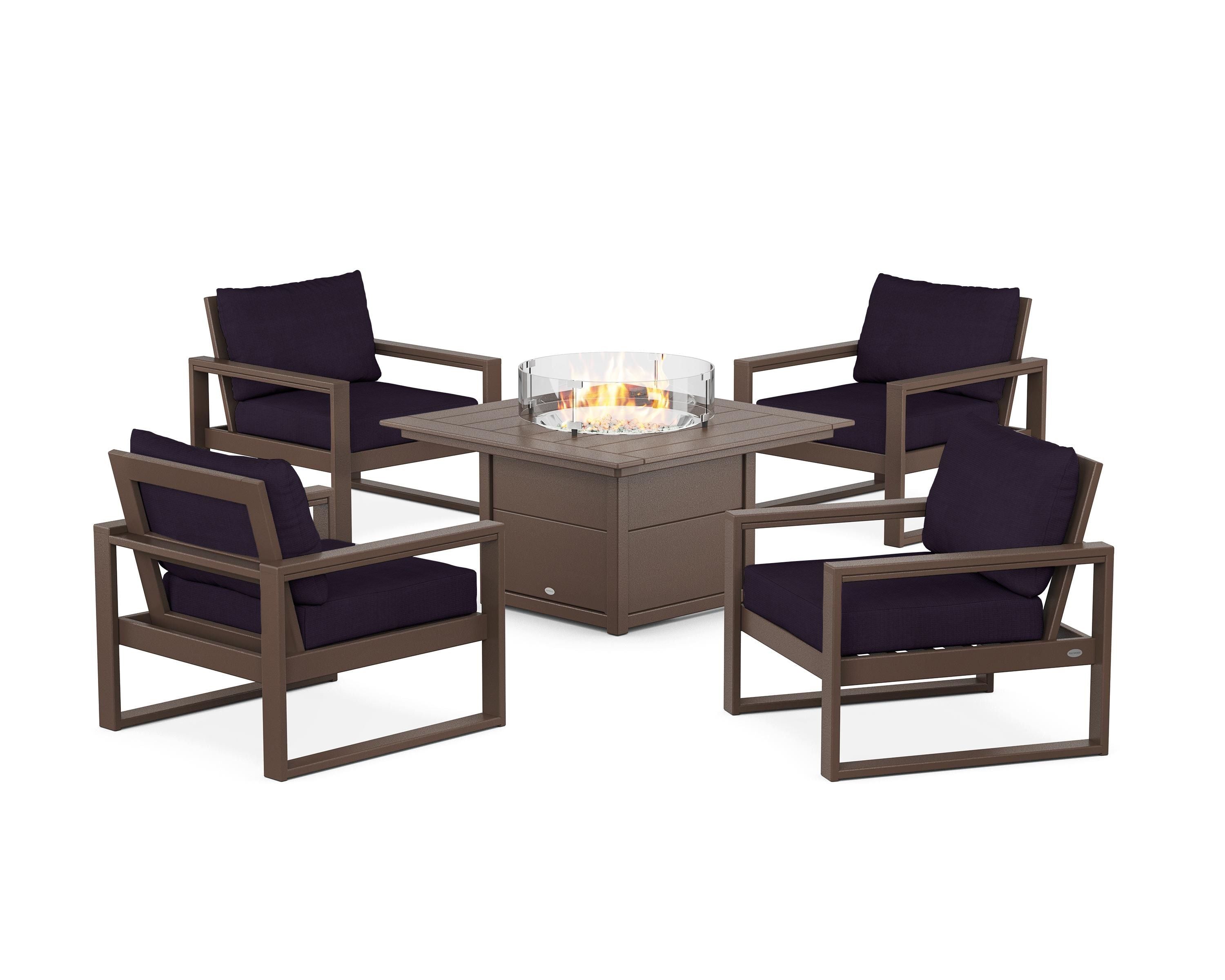 POLYWOOD® EDGE Sectional 5-Piece Deep Seating Set with Fire Pit Table in Mahogany / Navy Linen