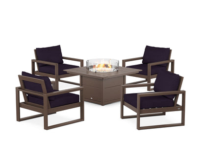 POLYWOOD® EDGE Sectional 5-Piece Deep Seating Set with Fire Pit Table in Mahogany / Navy Linen