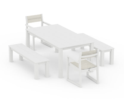 POLYWOOD® EDGE Sling Arm Chair 5-Piece Parsons Dining Set with Benches in White / Parchment Sling