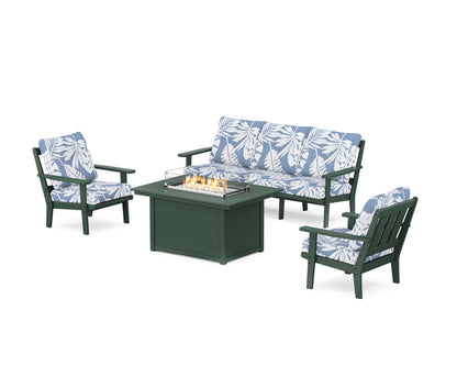 POLYWOOD® Oxford Deep Seating Fire Pit Table Set in Green / Leaf Sky Blue