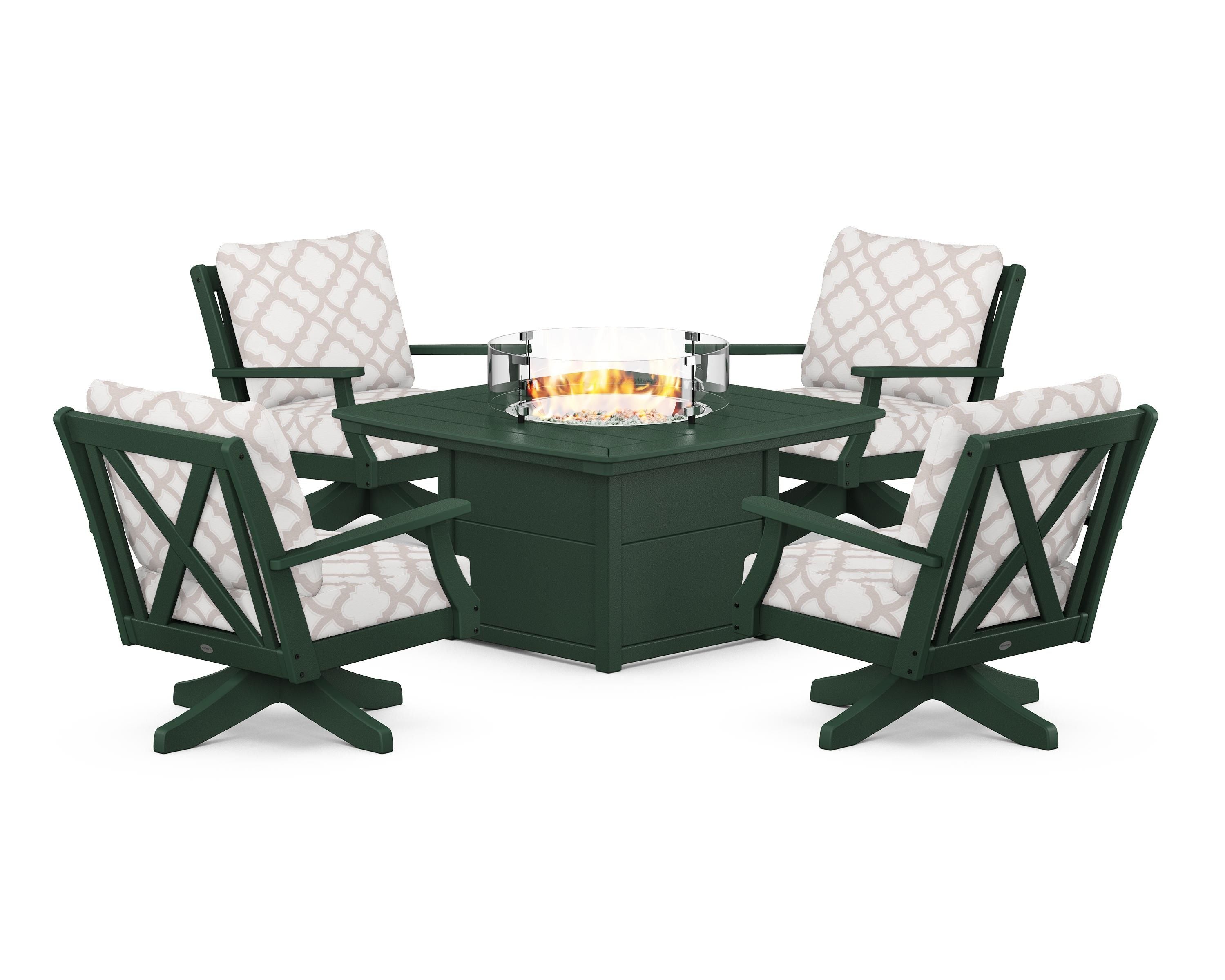 POLYWOOD® Braxton 5-Piece Deep Seating Swivel Conversation Set with Fire Pit Table in Green / Trellis Dune Burlap