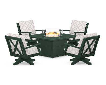 POLYWOOD® Braxton 5-Piece Deep Seating Swivel Conversation Set with Fire Pit Table in Green / Trellis Dune Burlap