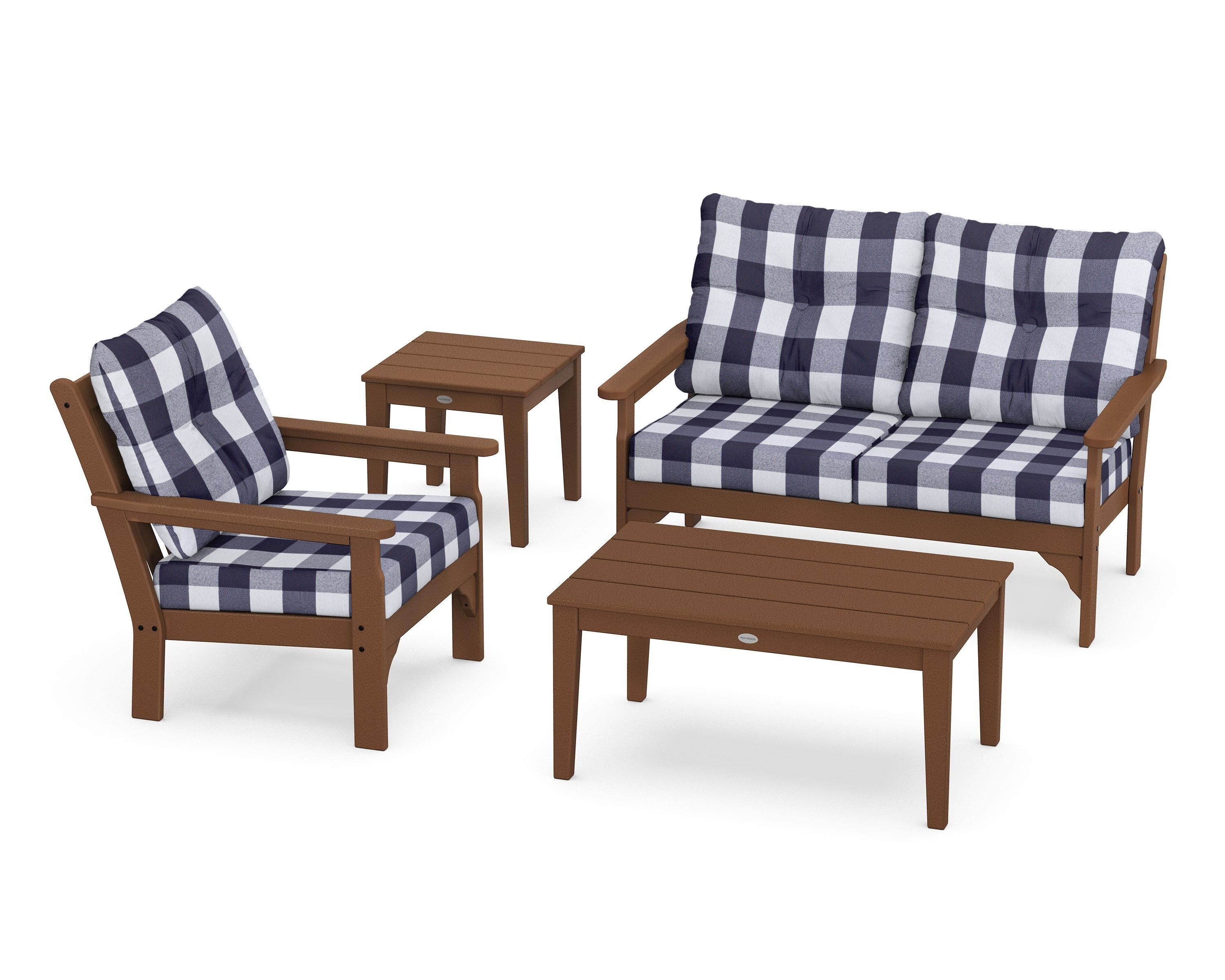POLYWOOD® Vineyard 4-Piece Deep Seating Set in Teak / Buffalo Plaid Navy