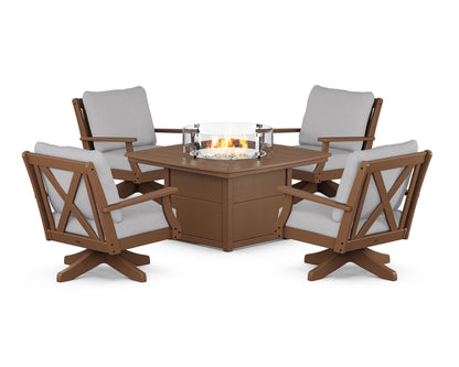 POLYWOOD® Braxton 5-Piece Deep Seating Swivel Conversation Set with Fire Pit Table in Teak / Granite