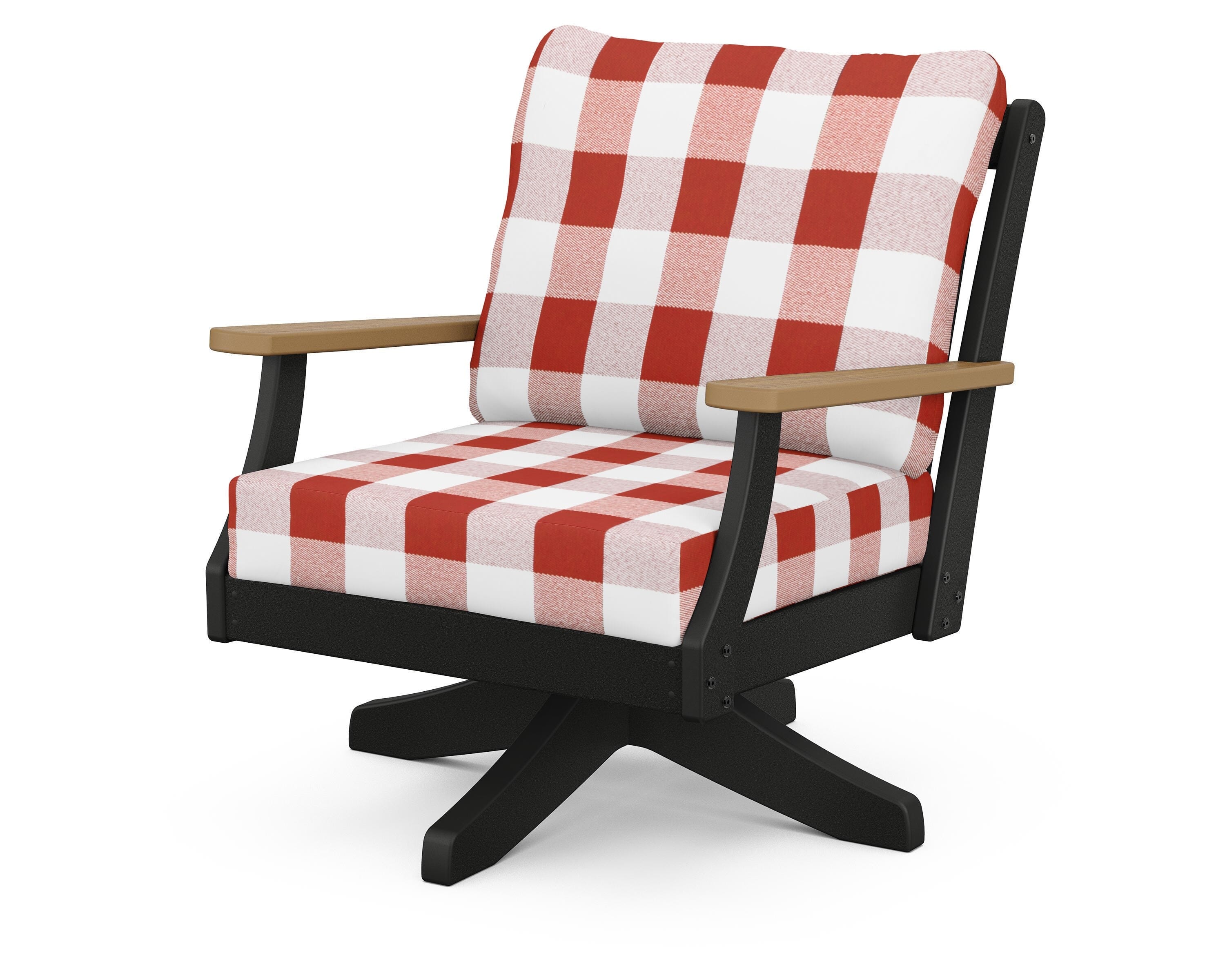POLYWOOD® Braxton Deep Seating Swivel Chair in Black / Natural / Buffalo Plaid Crimson