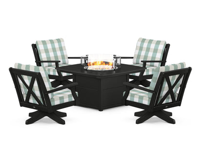 POLYWOOD® Braxton 5-Piece Deep Seating Swivel Conversation Set with Fire Pit Table in Black / Buffalo Plaid Glacier Spa