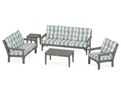 POLYWOOD® Vineyard 5 Piece Deep Seating Set in Slate Grey / Buffalo Plaid Glacier Spa