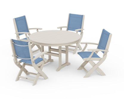 POLYWOOD® Coastal Folding Chair 5-Piece Round Dining Set in Sand / Poolside Sling