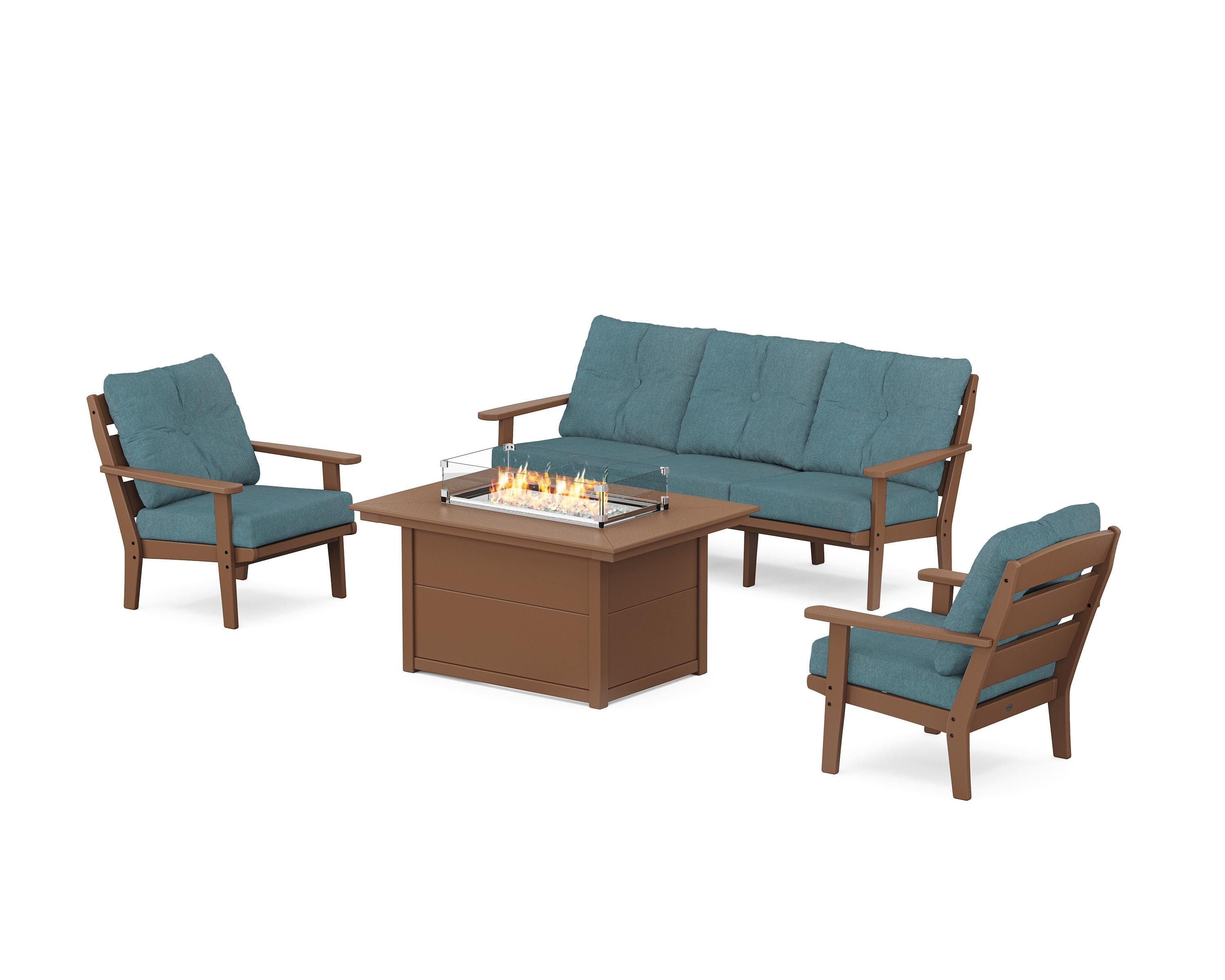POLYWOOD® Lakeside Deep Seating Fire Pit Table Set in Teak / Ocean Teal