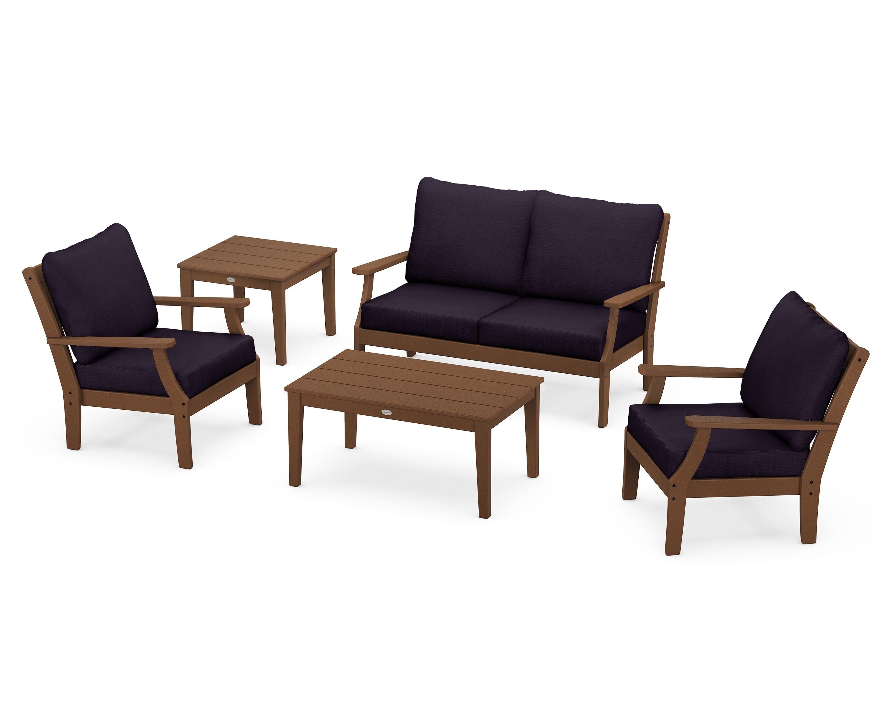 POLYWOOD® Braxton 5-Piece Deep Seating Set in Teak / Navy Linen