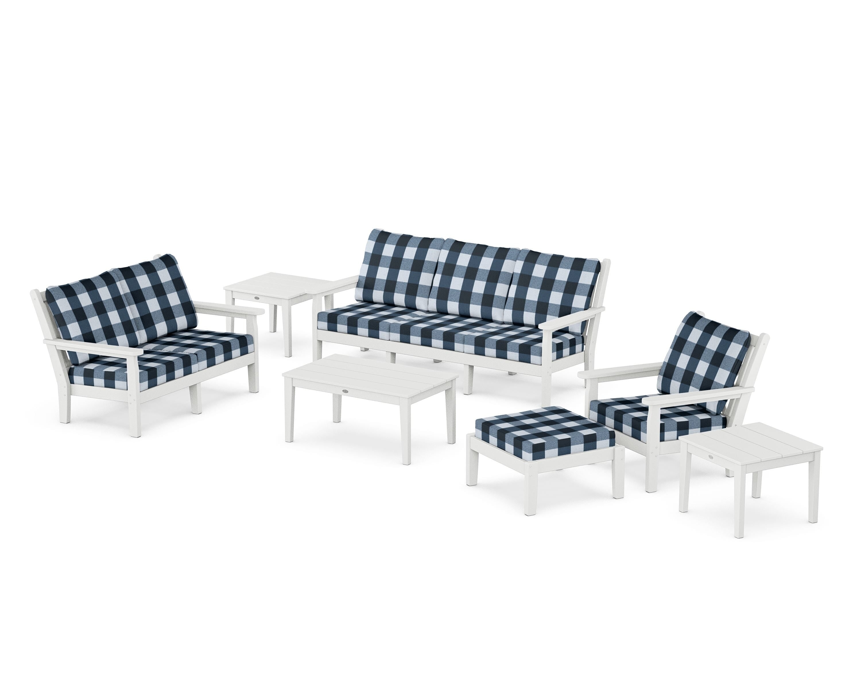 POLYWOOD® Chippendale 7-Piece Deep Seating Set in White / Buffalo Plaid Marine Indigo