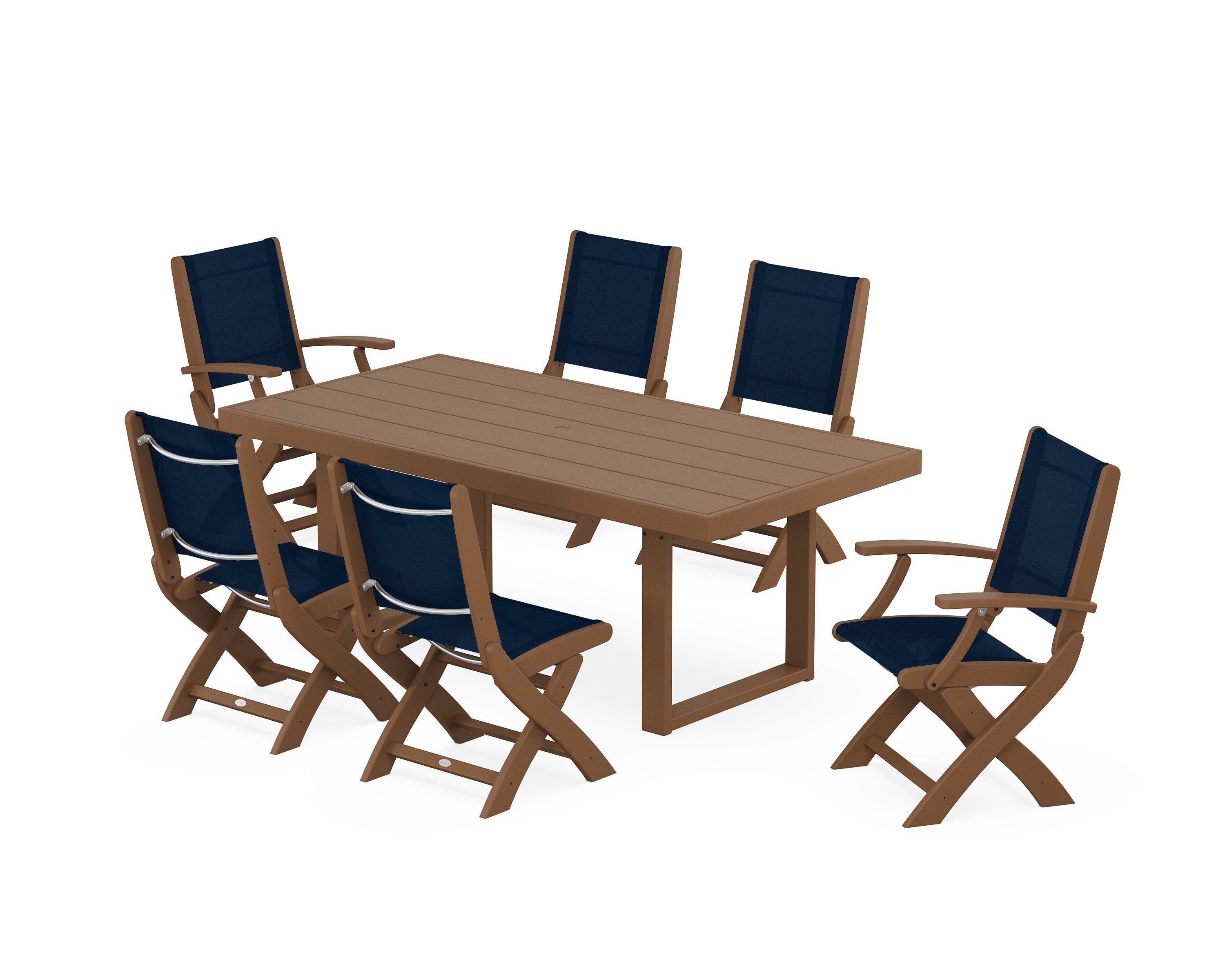 POLYWOOD® Coastal Folding Chair 7-Piece Dining Set with Trestle Legs in Teak / Navy Blue Sling
