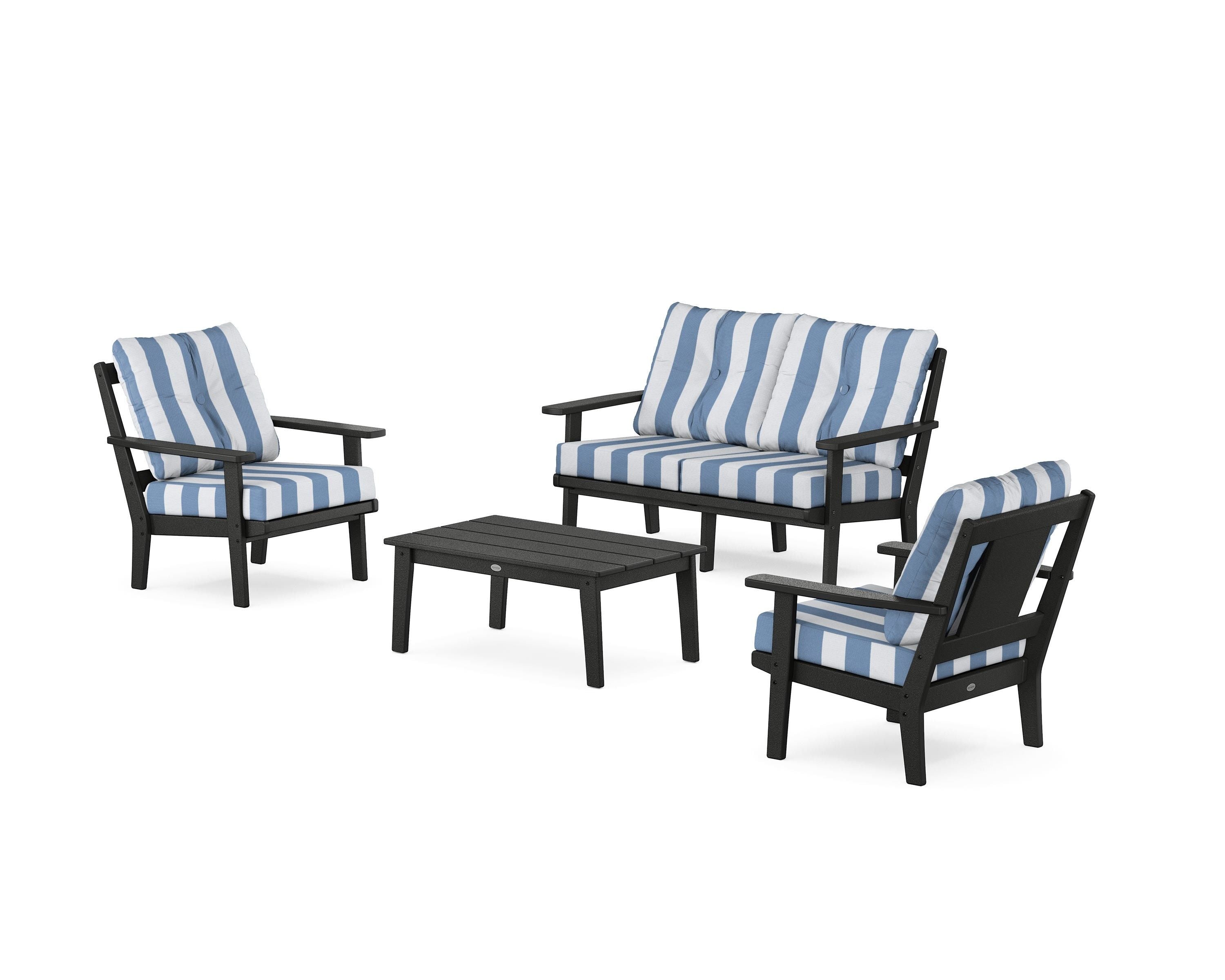 POLYWOOD® Prairie 4-Piece Deep Seating Set with Loveseat in Black / Cabana Stripe Sky Blue