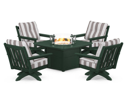 POLYWOOD® Vineyard 5-Piece Deep Seating Swivel Conversation Set with Fire Pit Table in Green / Cabana Stripe Grey Mist
