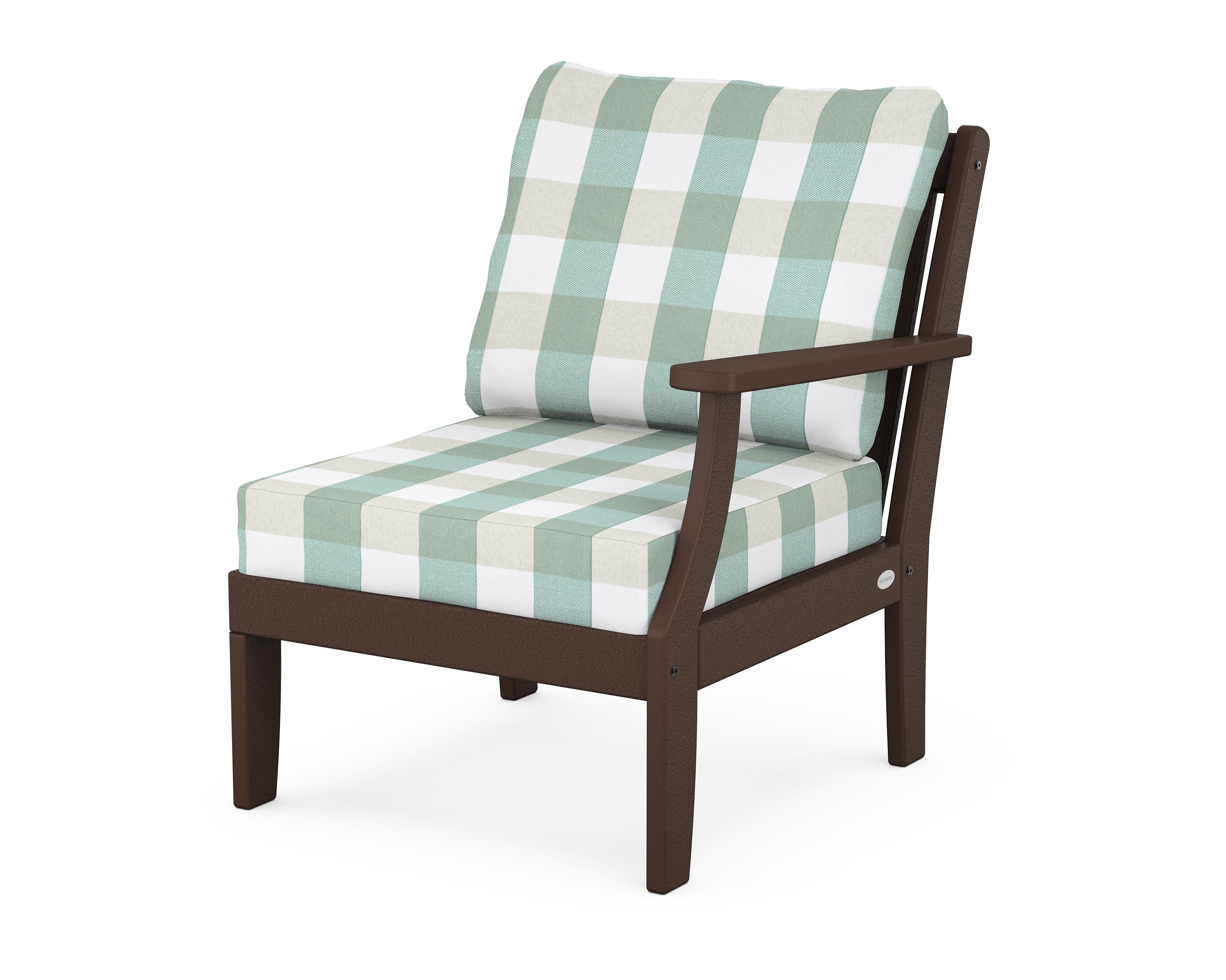 POLYWOOD® Braxton Modular Right Arm Chair in Mahogany / Buffalo Plaid Glacier Spa
