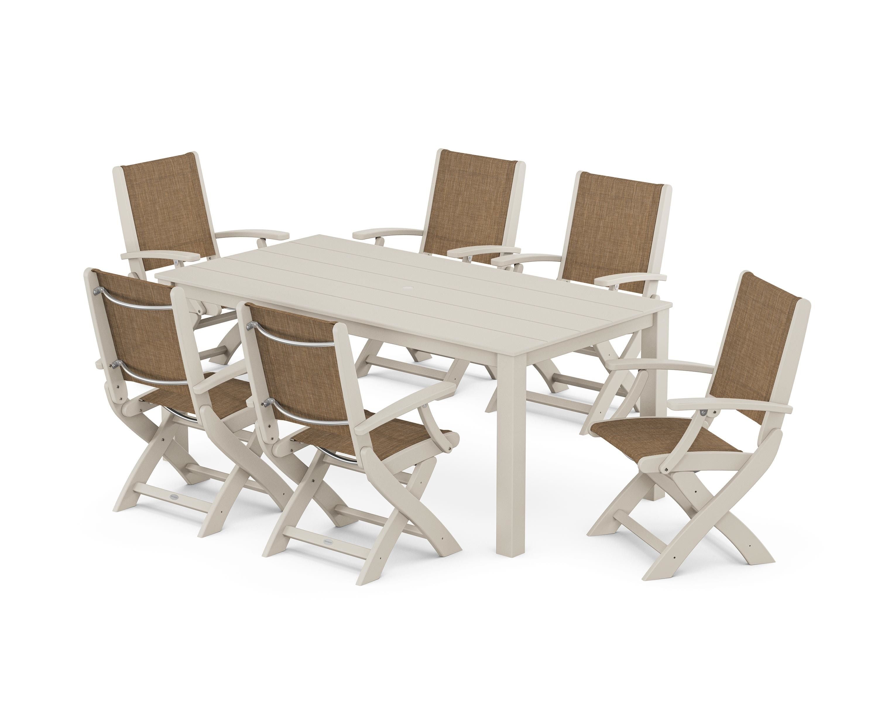 POLYWOOD® Coastal Folding Chair 7-Piece Parsons Dining Set in Sand / Burlap Sling