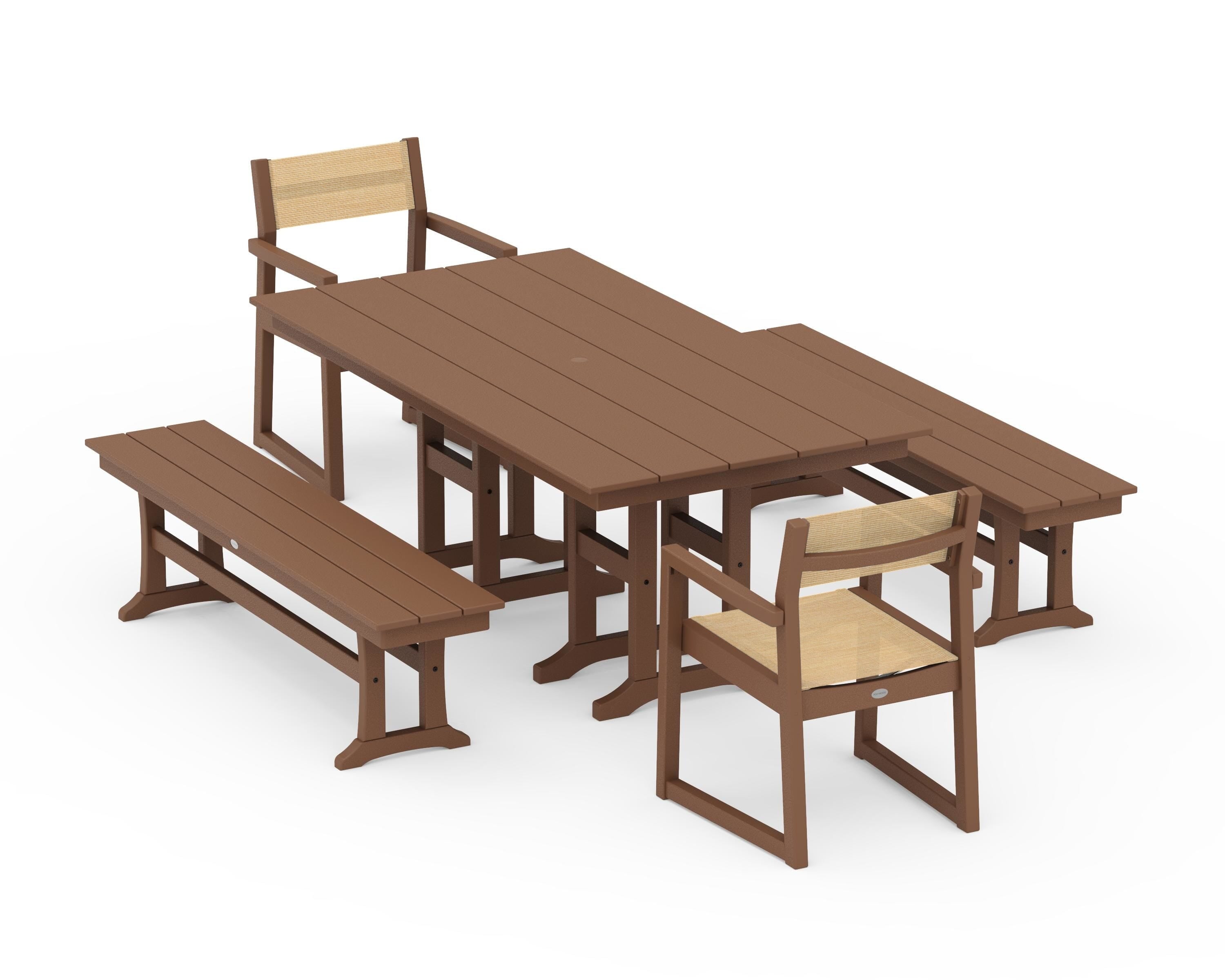 POLYWOOD® EDGE Sling Arm Chair 5-Piece Farmhouse Dining Set with Benches in Teak / Dupioni Apricot Sling
