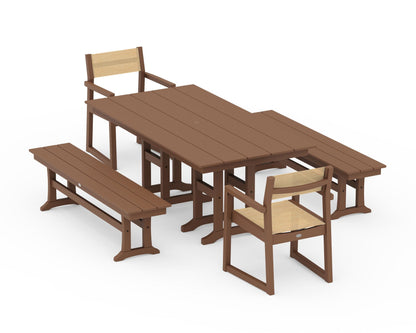 POLYWOOD® EDGE Sling Arm Chair 5-Piece Farmhouse Dining Set with Benches in Teak / Dupioni Apricot Sling