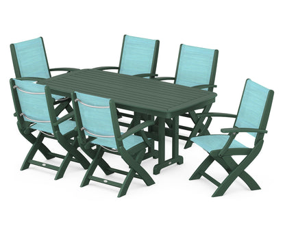 POLYWOOD® Coastal Folding Arm Chair 7-Piece Dining Set in Green / Dupioni Aquamarine Sling