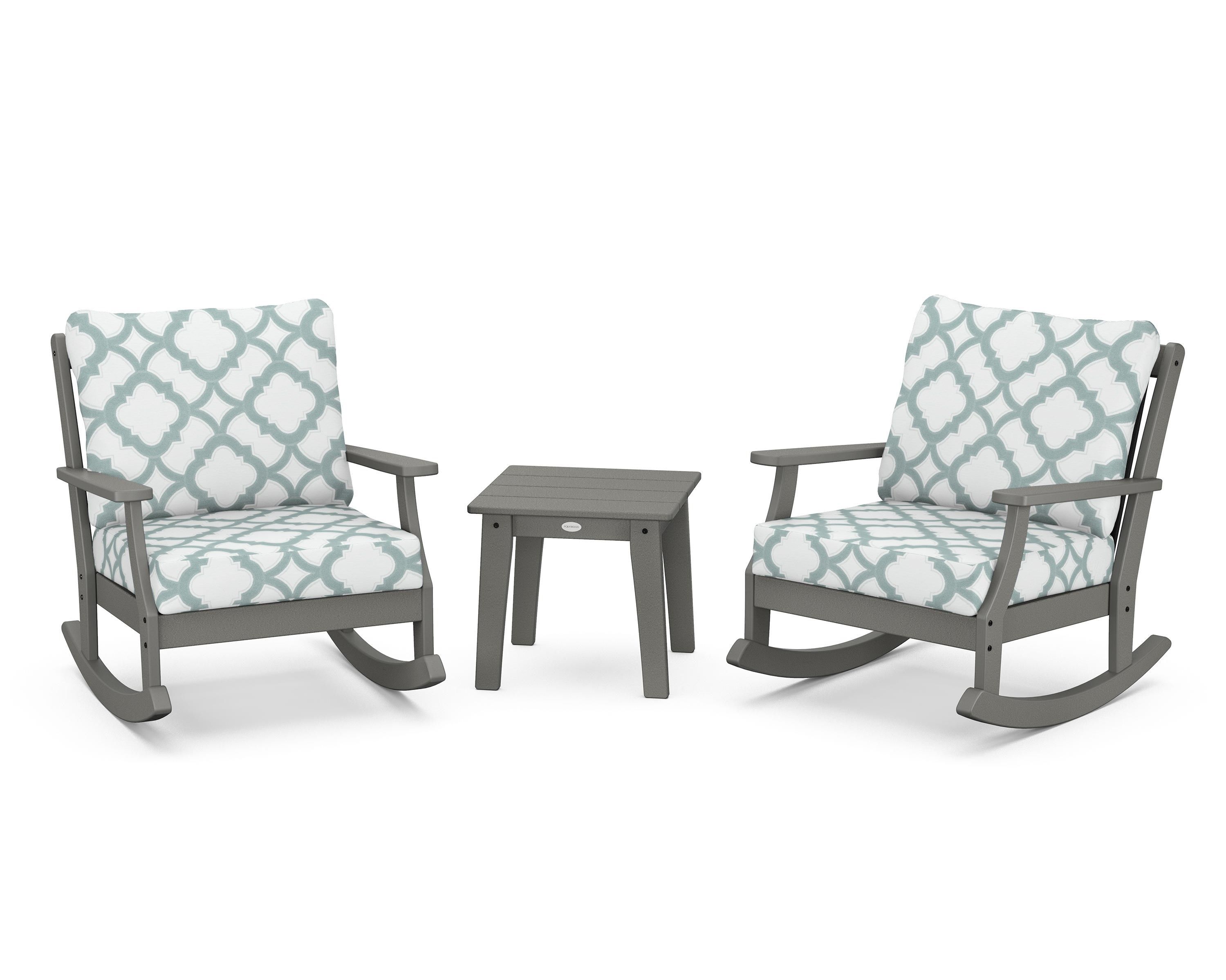 POLYWOOD® Braxton 3-Piece Deep Seating Rocker Set in Slate Grey / Trellis Glacier Spa