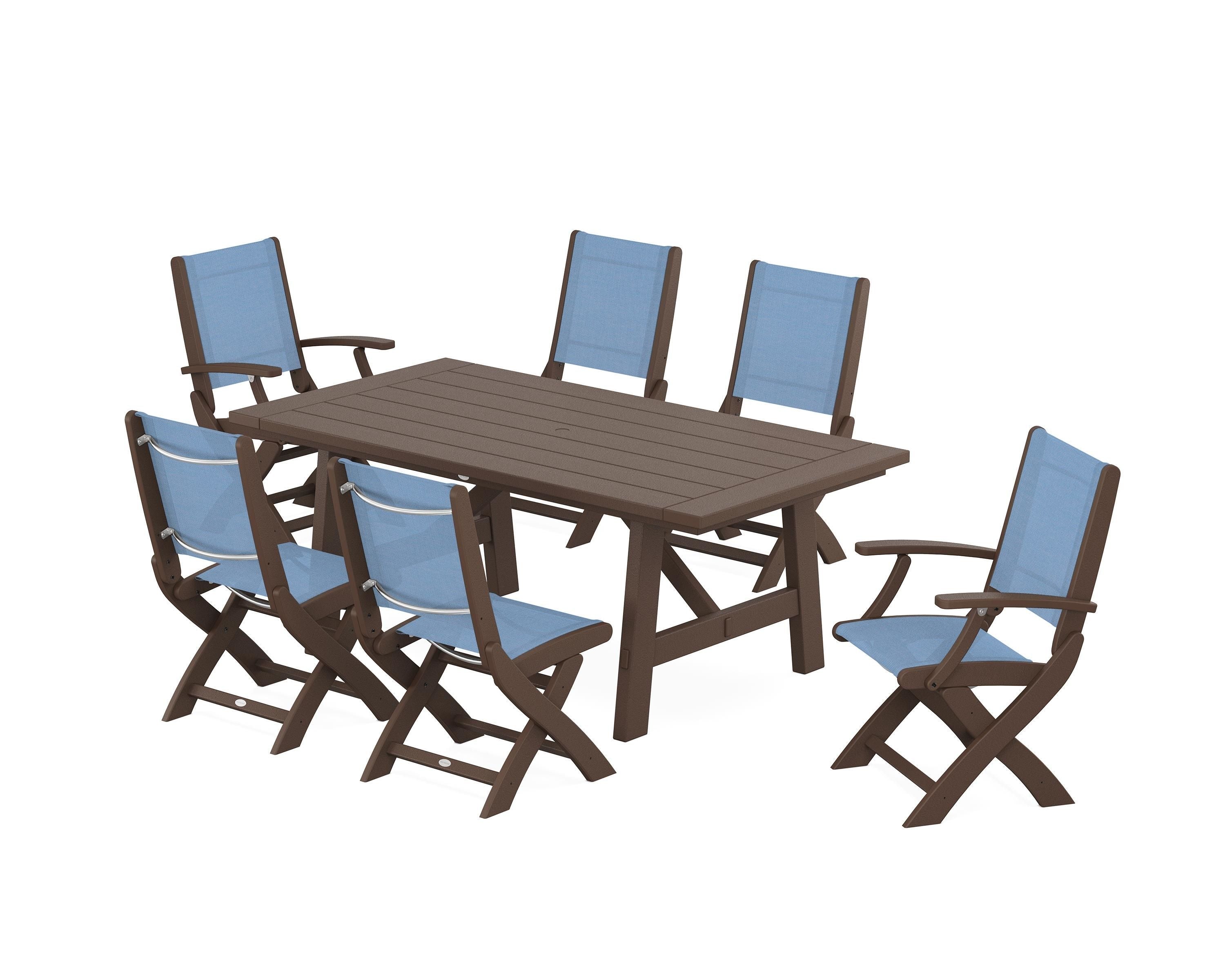 POLYWOOD® Coastal Folding Chair 7-Piece Rustic Farmhouse Dining Set in Mahogany / Poolside Sling