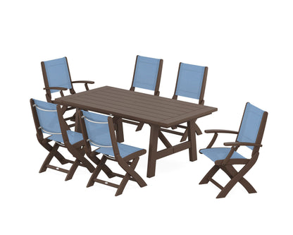 POLYWOOD® Coastal Folding Chair 7-Piece Rustic Farmhouse Dining Set in Mahogany / Poolside Sling