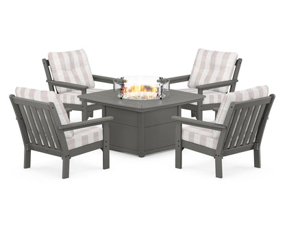 POLYWOOD® Vineyard 5-Piece Conversation Set with Fire Pit Table in Slate Grey / Buffalo Plaid Dune Burlap