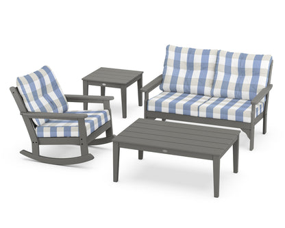 POLYWOOD® Vineyard 4-Piece Deep Seating Rocker Set in Slate Grey / Buffalo Plaid Sky Blue