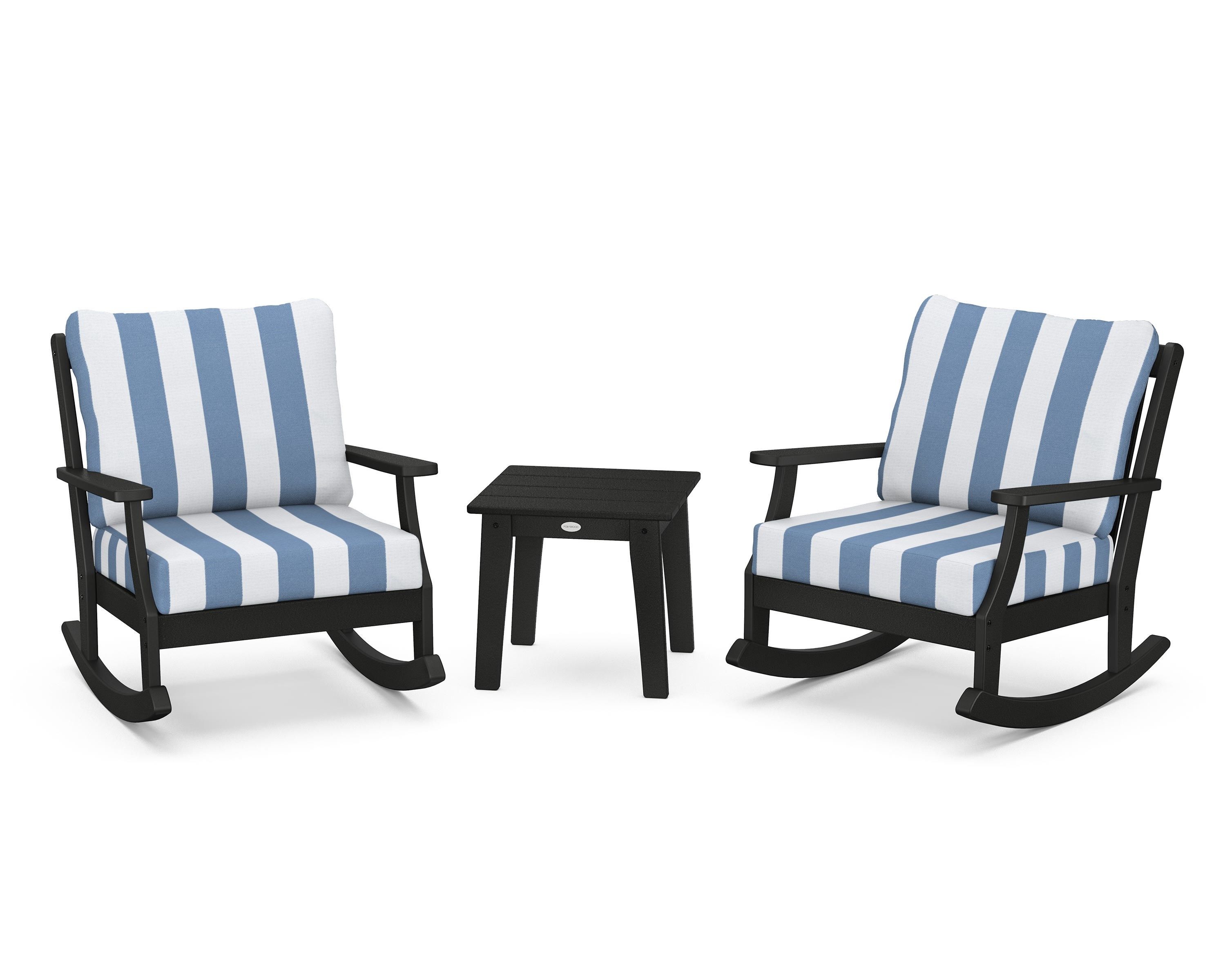 POLYWOOD® Braxton 3-Piece Deep Seating Rocker Set in Black / Cabana Stripe Sky Blue