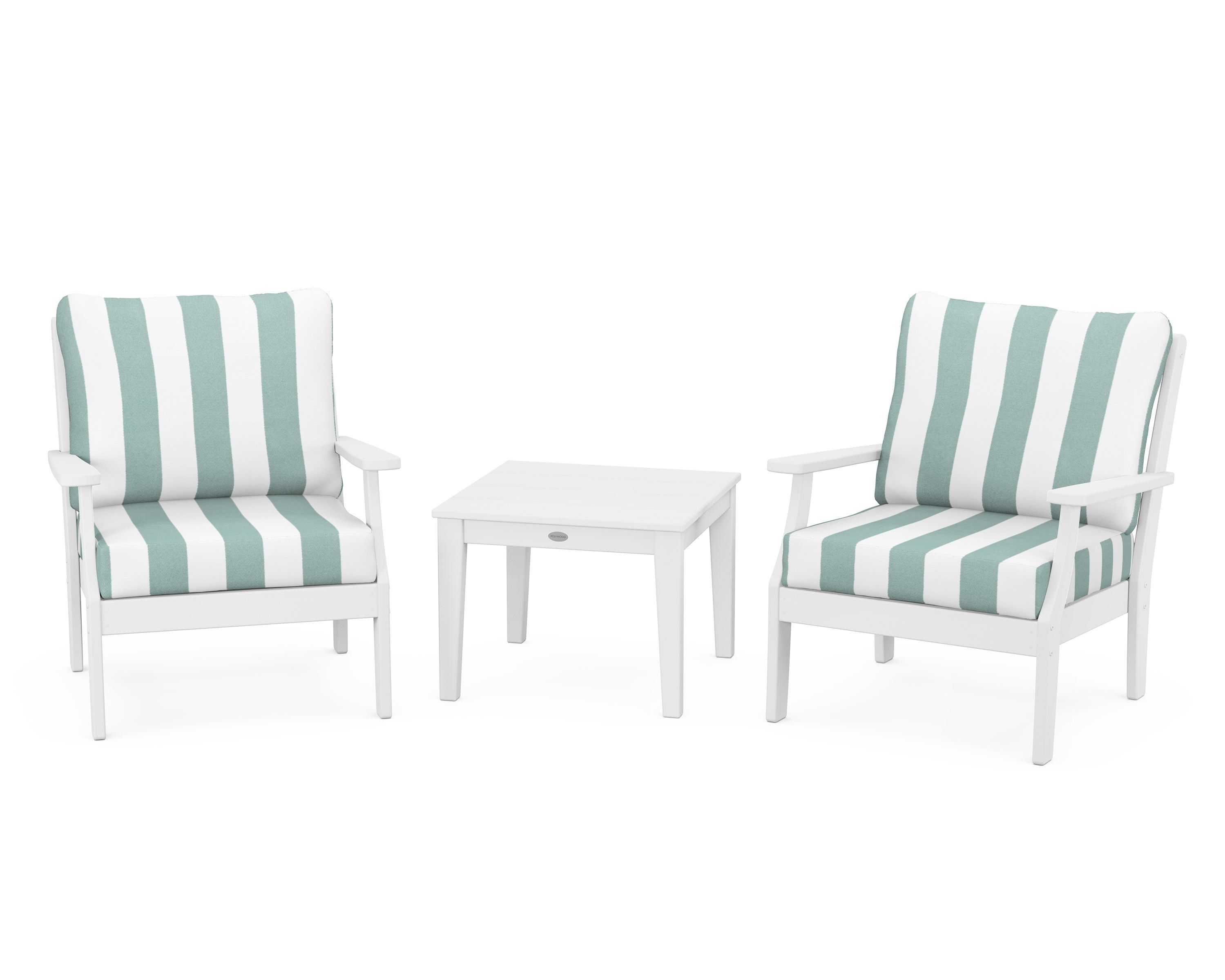 POLYWOOD® Braxton 3-Piece Deep Seating Set in White / Cabana Stripe Glacier Spa