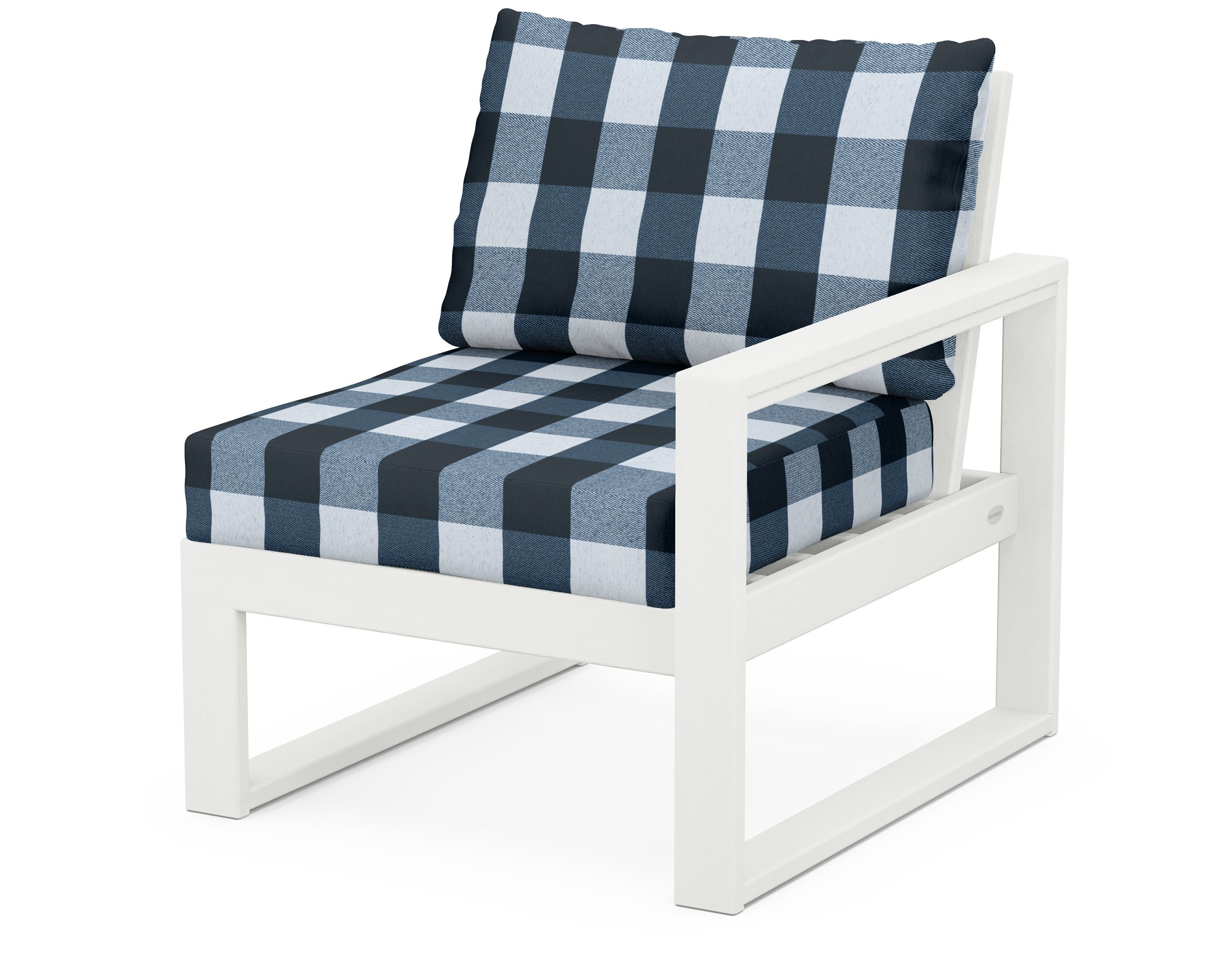 POLYWOOD® EDGE Modular Right Arm Chair in Vintage White / Buffalo Plaid Marine Indigo