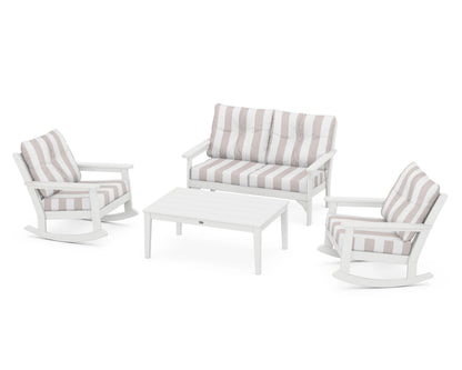 POLYWOOD® Vineyard 4-Piece Deep Seating Rocking Chair Set in White / Cabana Stripe Dune Burlap