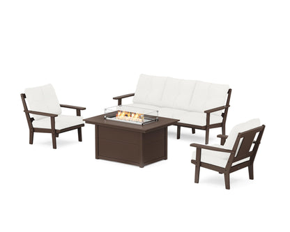 POLYWOOD® Prairie Deep Seating Fire Pit Table Set in Mahogany / Natural Linen