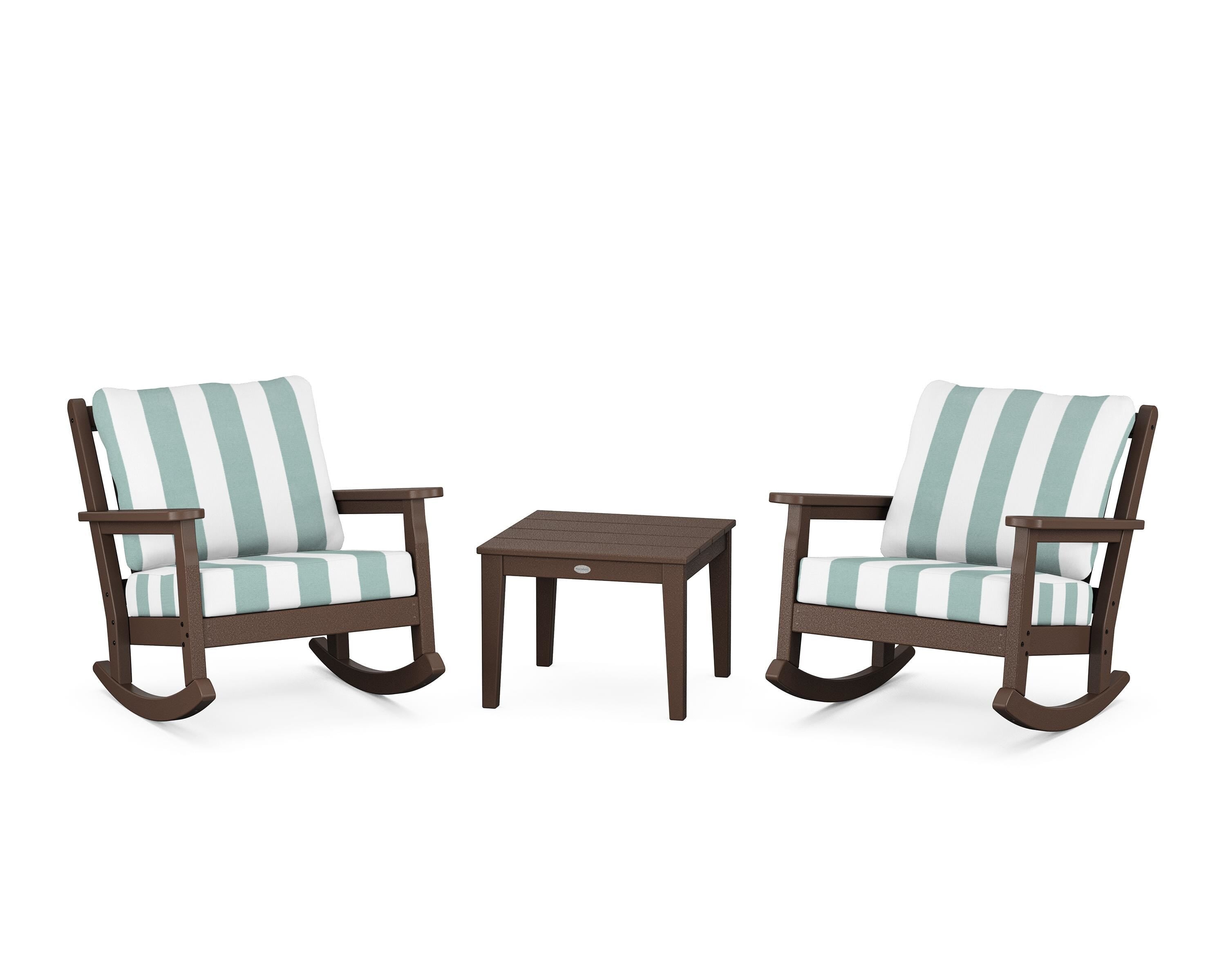 POLYWOOD® Chippendale 3-Piece Deep Seating Rocker Set in Mahogany / Cabana Stripe Glacier Spa