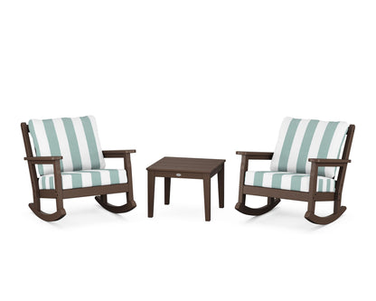 POLYWOOD® Chippendale 3-Piece Deep Seating Rocker Set in Mahogany / Cabana Stripe Glacier Spa