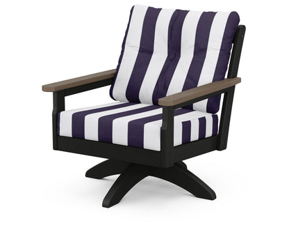 POLYWOOD® Vineyard Deep Seating Swivel Chair in Black / Kona / Cabana Stripe Navy