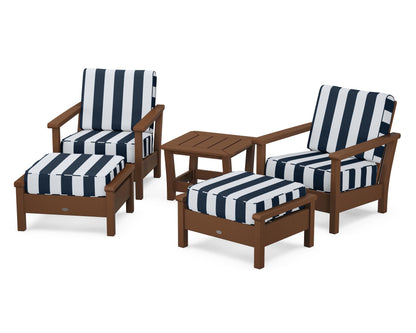 POLYWOOD® Harbour 5-Piece Deep Seating Chair Set in Teak / Cabana Stripe Marine Indigo