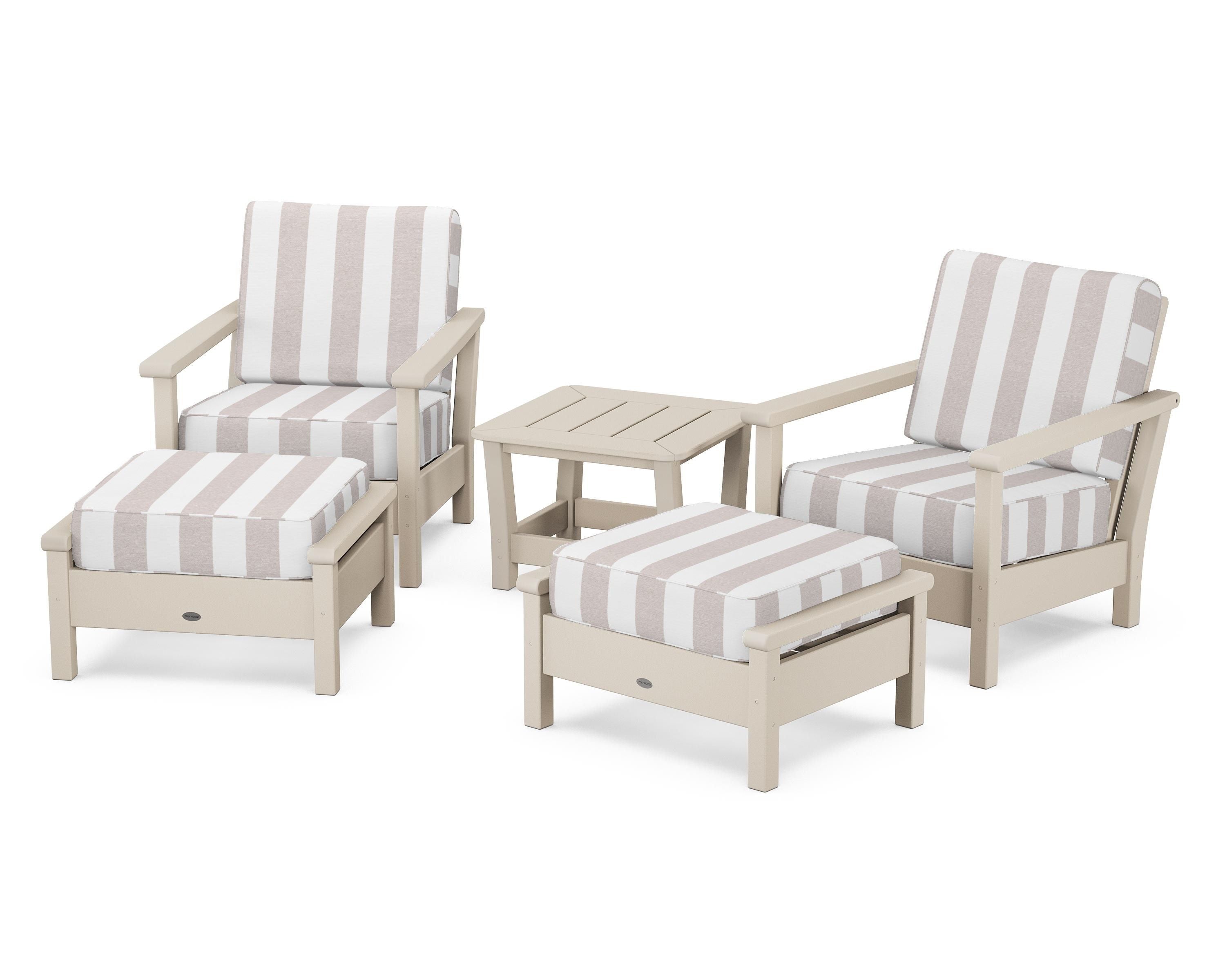 POLYWOOD® Harbour 5-Piece Deep Seating Chair Set in Sand / Cabana Stripe Dune Burlap