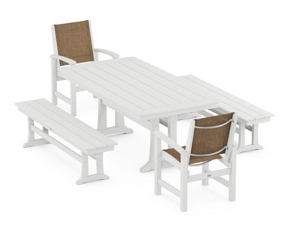 POLYWOOD® Coastal 5-Piece Dining Set with Trestle Legs and Benches in White / Burlap Sling