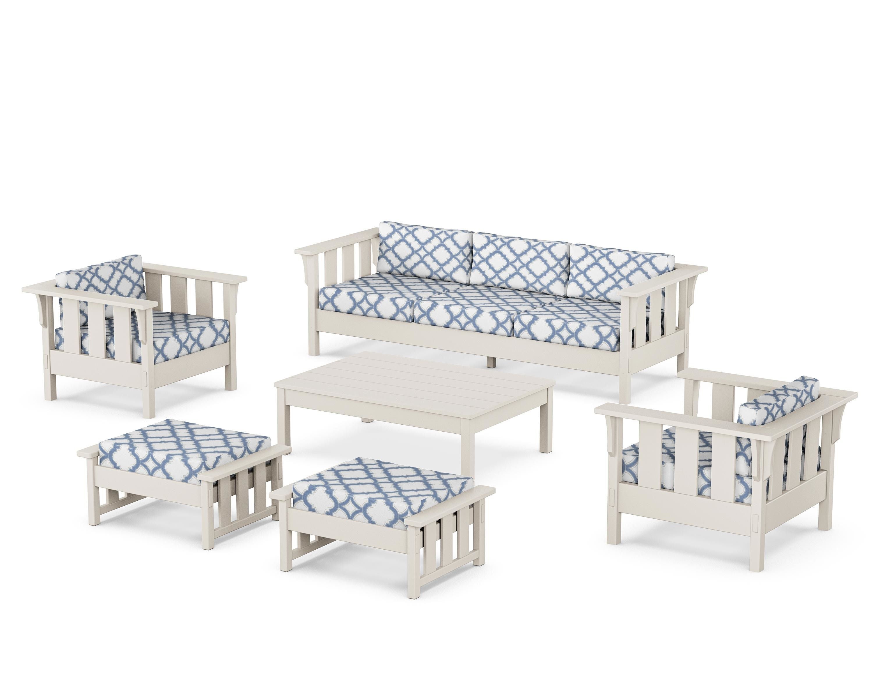 Martha Stewart by POLYWOOD® Acadia 6-Piece Lounge Sofa Set in Sand / Trellis Sky Blue