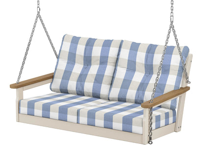 POLYWOOD® Vineyard Deep Seating Swing in Sand / Natural / Buffalo Plaid Sky Blue