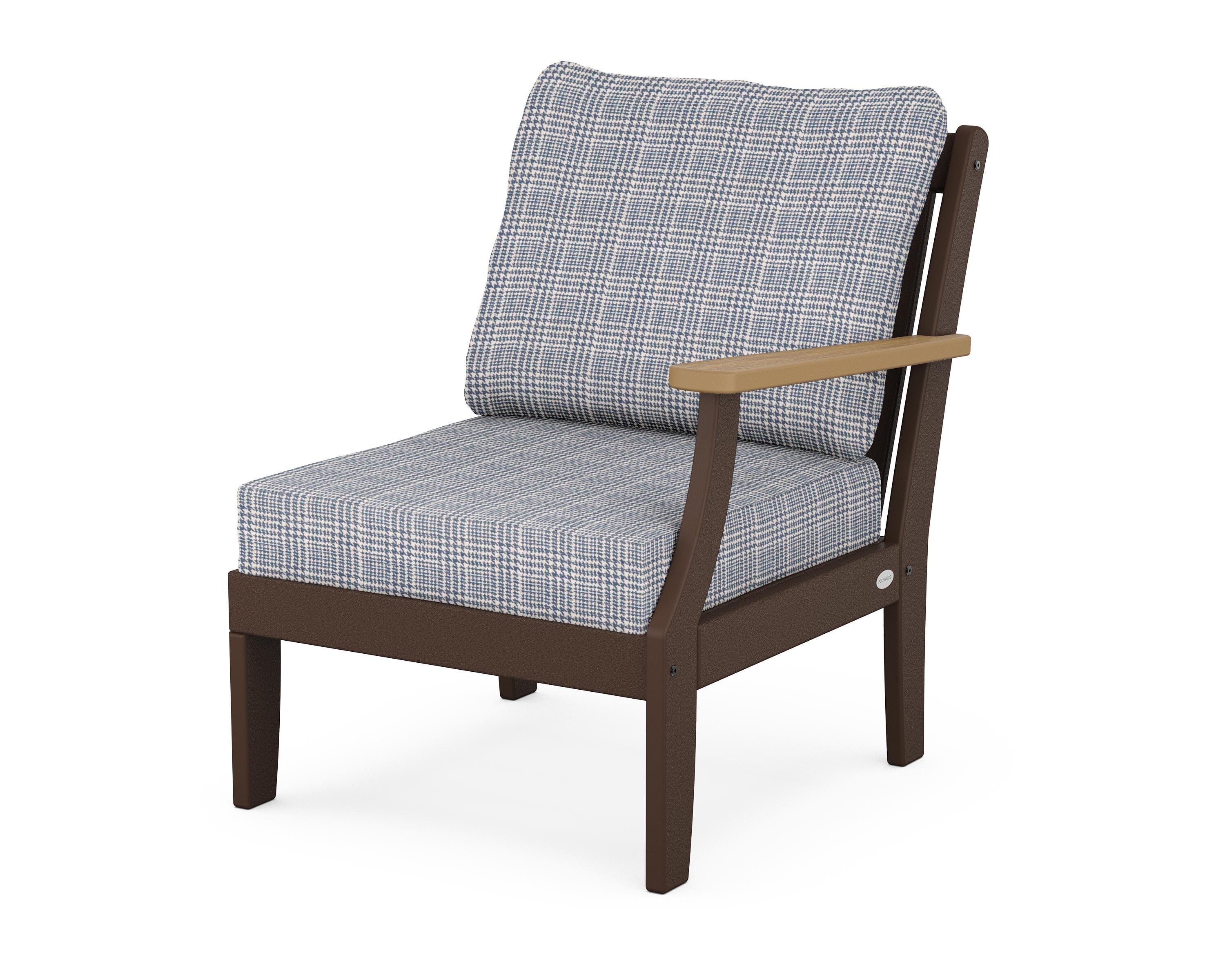 POLYWOOD® Braxton Modular Right Arm Chair in Mahogany / Natural / Houndstooth Sky Blue