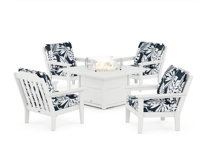 Country Living Cottage 5-Piece Deep Seating Set with Fire Pit Table in White / Leaf Marine Indigo