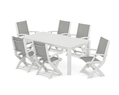 POLYWOOD® Coastal Folding Chair 7-Piece Parsons Dining Set in White / Metallic Sling